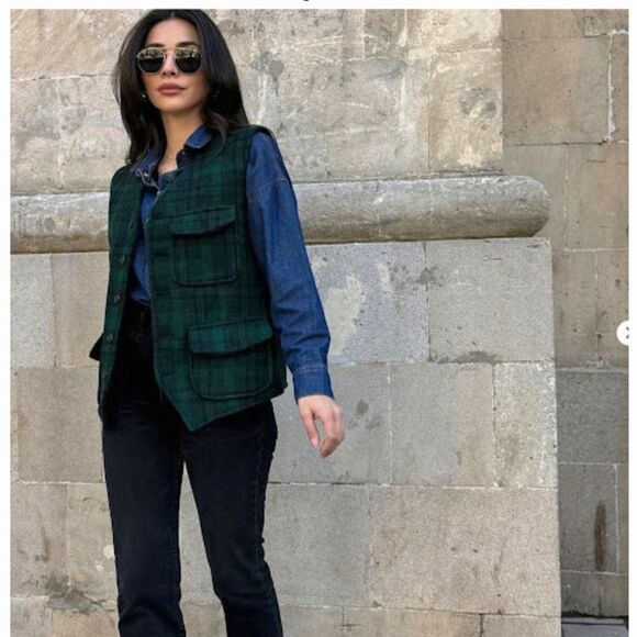 PIOMBO Jackets & Blazers - Piombo Hunting Vest Front Button Woman's XXL Green Plaid Front Pockets